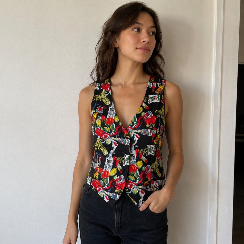 Vintage 90s Nicole Miller Women Vest S Black Silk Bloody Mary Novelty Print